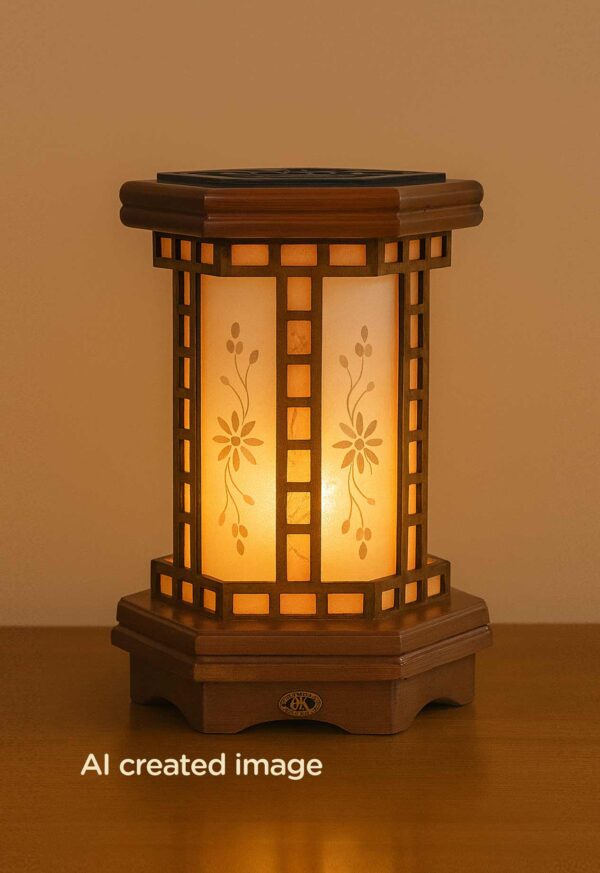Hexagonal wooden table lamp with frosted floral glass panels and warm ambient glow – Model 531 by DARKAR, distributed by Checkmark Trading Dubai-light on