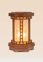 Hexagonal wooden table lamp with frosted floral glass panels and warm ambient glow – Model 531 by DARKAR, distributed by Checkmark Trading Dubai