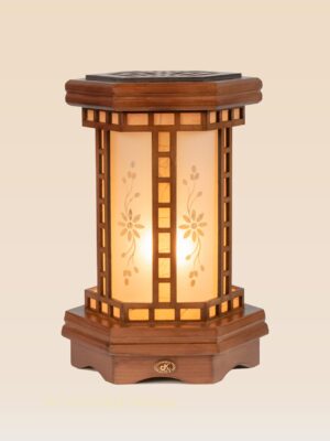 Hexagonal wooden table lamp with frosted floral glass panels and warm ambient glow – Model 531 by DARKAR, distributed by Checkmark Trading Dubai