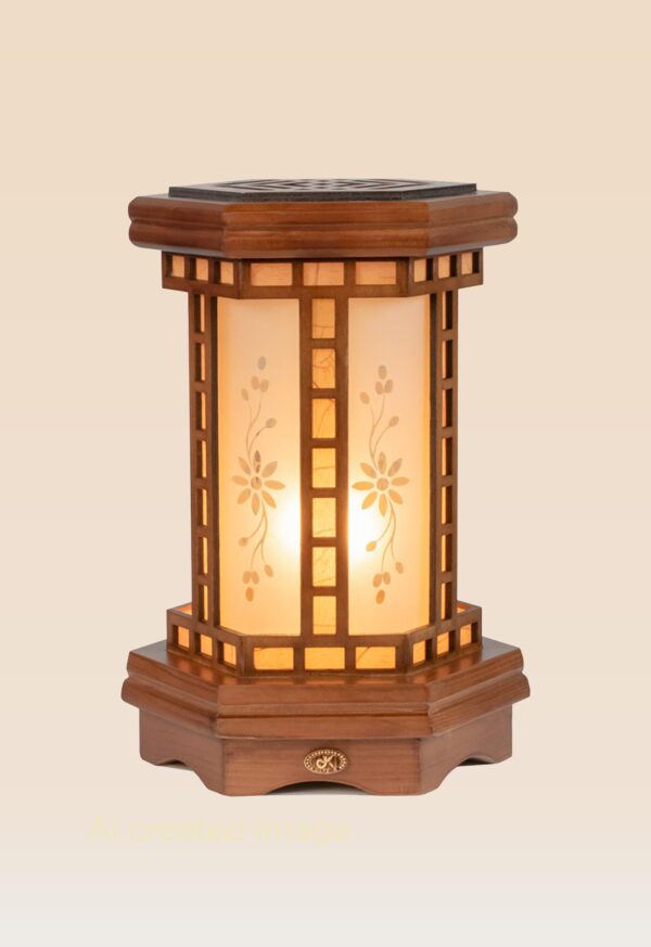 Hexagonal wooden table lamp with frosted floral glass panels and warm ambient glow – Model 531 by DARKAR, distributed by Checkmark Trading Dubai