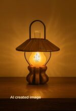 Lantern-style wooden table lamp with floral-etched frosted glass bulb and conical wooden shade – Model 548 by DARKAR, handcrafted lighting by Checkmark Trading Dubai-light on