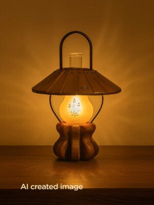 Lantern-style wooden table lamp with floral-etched frosted glass bulb and conical wooden shade – Model 548 by DARKAR, handcrafted lighting by Checkmark Trading Dubai-light on