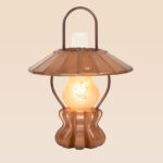 Lantern-style wooden table lamp with floral-etched frosted glass bulb and conical wooden shade – Model 548 by DARKAR, handcrafted lighting by Checkmark Trading Dubai