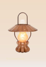 Lantern-style wooden table lamp with floral-etched frosted glass bulb and conical wooden shade – Model 548 by DARKAR, handcrafted lighting by Checkmark Trading Dubai