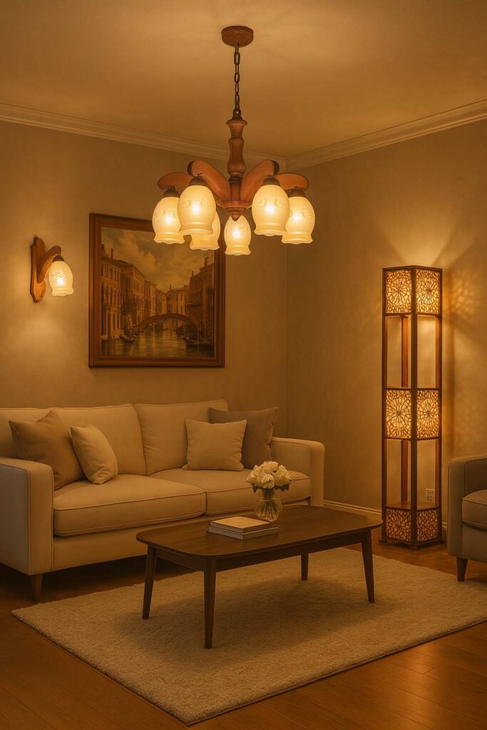 Scandinavian living room decorating with wooden lighting details