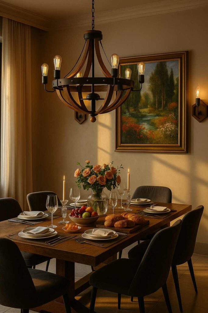 Rustic wooden chandelier above a warmly lit dining table with flowers and tableware