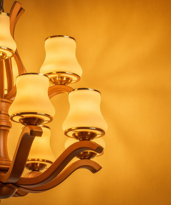 Close-up of a luxurious wooden chandelier with curved arms and gold-trimmed frosted glass shades, glowing warmly against a golden background