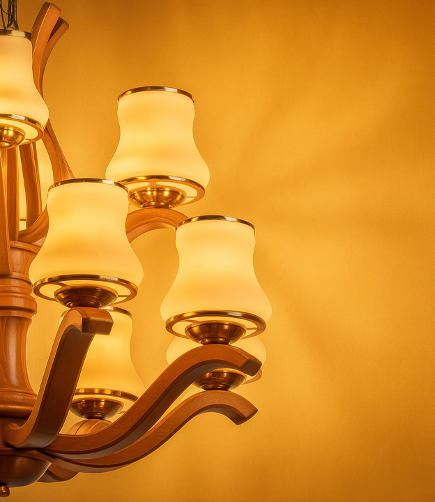 Close-up of a luxurious wooden chandelier with curved arms and gold-trimmed frosted glass shades, glowing warmly against a golden background