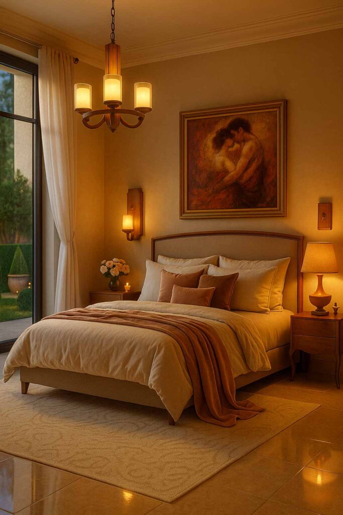 Wooden chandelier with amber cylindrical glass shades