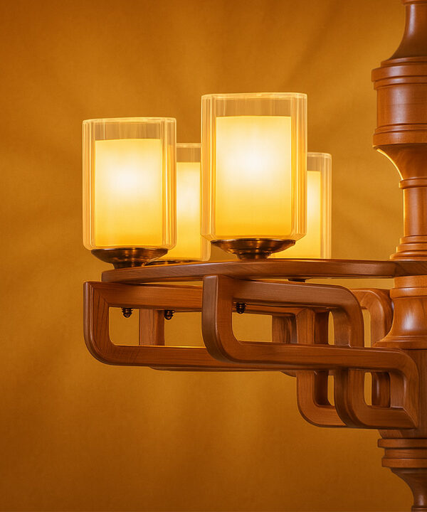 Close-up of a modern wooden chandelier with geometric arms and cylindrical frosted glass shades, radiating warm ambient light against a golden background