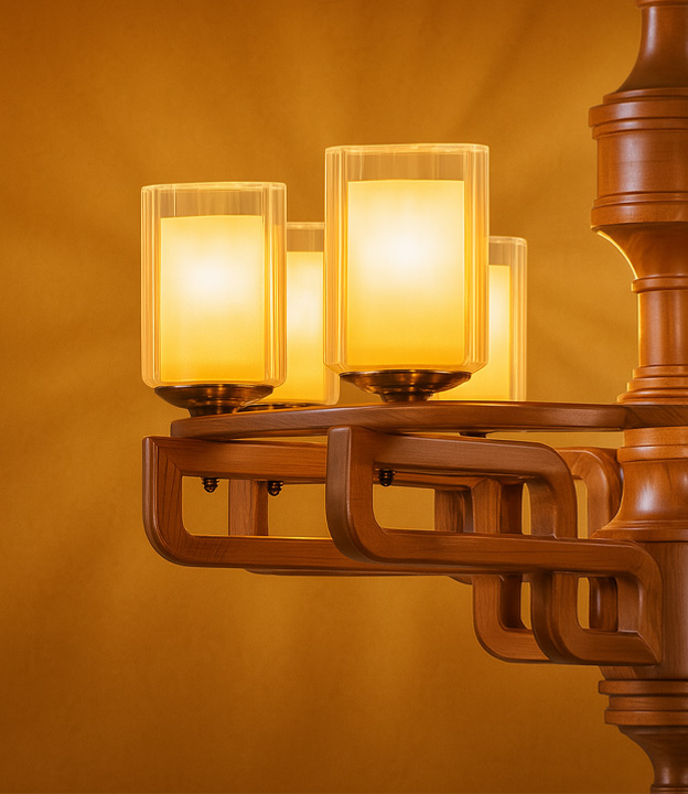 Close-up of a modern wooden chandelier with geometric arms and cylindrical frosted glass shades, radiating warm ambient light against a golden background