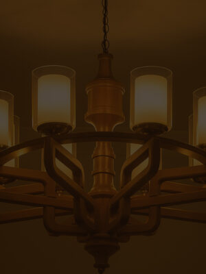 Modern wooden chandelier with six frosted glass cylinder shades, ideal for stylish ceiling lighting in luxury interiors
