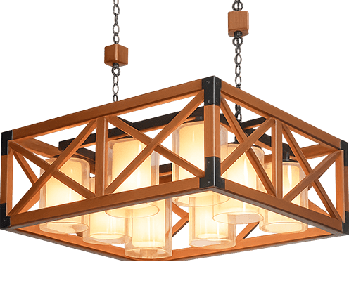 Rectangular wooden chandelier with black metal accents and cylindrical frosted glass shades, ideal for modern dining rooms or rustic interiors