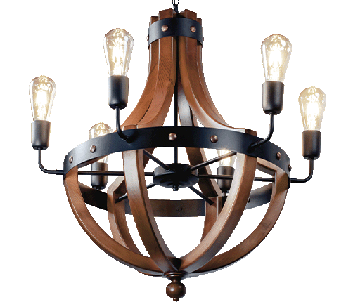 Rustic wooden chandelier with six exposed sockets and curved dark metal arms, ideal for dining rooms, living rooms, or entryways.