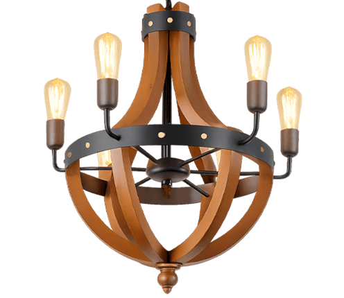 Rustic wooden chandelier with six exposed sockets and curved dark metal arms, ideal for dining rooms, living rooms, or entryways.