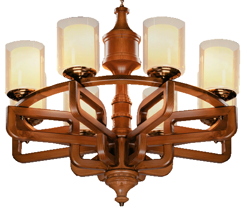 Contemporary wooden chandelier with six cylindrical frosted glass shades and a symmetrical geometric arm design, perfect for adding rustic elegance to dining areas, foyers, or living rooms.