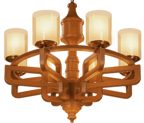 Contemporary wooden chandelier with six cylindrical frosted glass shades and a symmetrical geometric arm design, perfect for adding rustic elegance to dining areas, foyers, or living rooms.