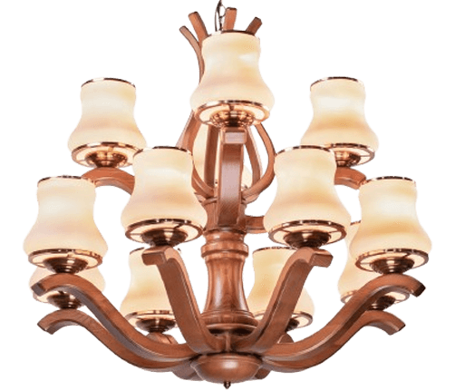 Elegant 12-light wooden chandelier with frosted glass shades and a vintage bronze finish, ideal for classic and rustic interior decor