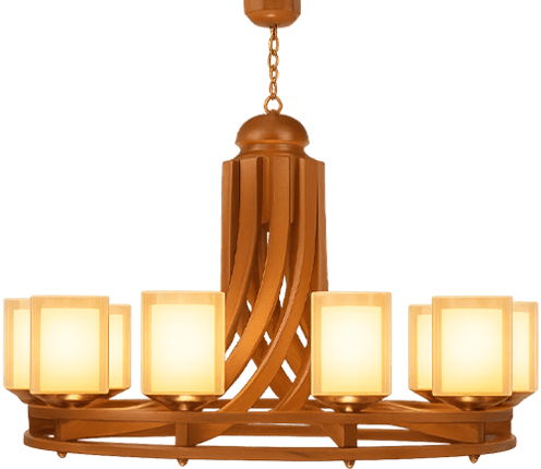 Modern wooden chandelier with eight square frosted glass shades arranged in a circular design, suspended by a central wooden column with curved slats — ideal for dining rooms, living rooms, and rustic luxury interiors