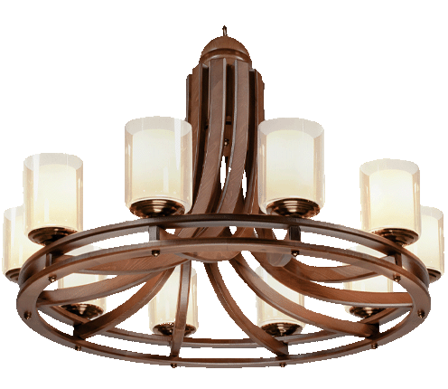 Modern wooden chandelier with eight square frosted glass shades arranged in a circular design, suspended by a central wooden column with curved slats — ideal for dining rooms, living rooms, and rustic luxury interiors
