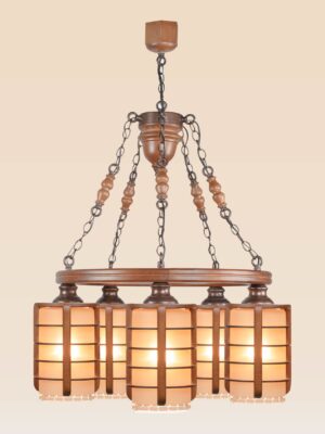 Traditional wooden chandelier with five cylindrical lantern-style lampshades, handcrafted design suspended by decorative iron chains