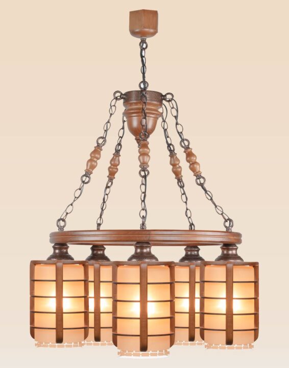 Traditional wooden chandelier with five cylindrical lantern-style lampshades, handcrafted design suspended by decorative iron chains