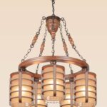 Traditional wooden chandelier with five cylindrical lantern-style lampshades, handcrafted design suspended by decorative iron chains-from-below