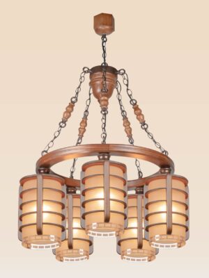 Traditional wooden chandelier with five cylindrical lantern-style lampshades, handcrafted design suspended by decorative iron chains-from-below