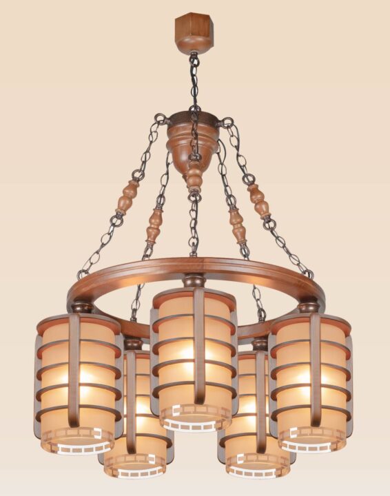 Traditional wooden chandelier with five cylindrical lantern-style lampshades, handcrafted design suspended by decorative iron chains-from-below