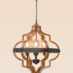 Moroccan-style wooden chandelier with curved geometric frame and exposed round filament bulbs, suspended by chain for elegant interior lighting