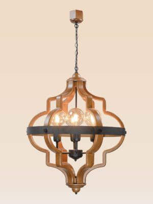 Moroccan-style wooden chandelier with curved geometric frame and exposed round filament bulbs, suspended by chain for elegant interior lighting