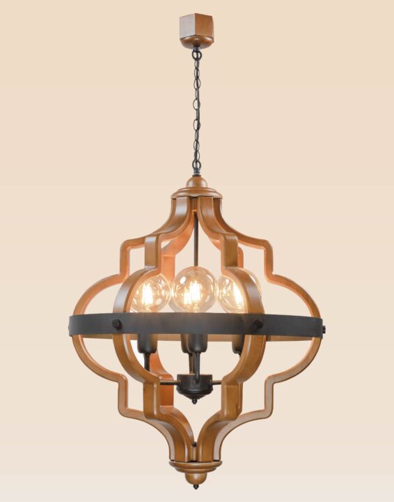 Moroccan-style wooden chandelier with curved geometric frame and exposed round filament bulbs, suspended by chain for elegant interior lighting
