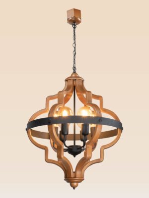 Moroccan-style wooden chandelier with curved geometric frame and exposed round filament bulbs, suspended by chain for elegant interior lighting-below-view