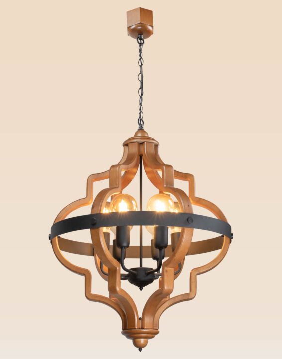 Moroccan-style wooden chandelier with curved geometric frame and exposed round filament bulbs, suspended by chain for elegant interior lighting-below-view