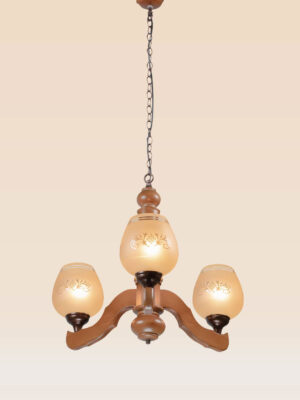 Traditional wooden chandelier with three engraved frosted glass shades, suspended by a rustic chain, ideal for classic dining rooms or cozy interiors-front-view