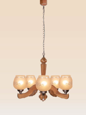 Traditional wooden chandelier with six engraved frosted glass shades, suspended by a rustic chain, ideal for classic dining rooms or cozy interiors