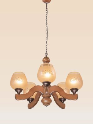 Traditional wooden chandelier with six engraved frosted glass shades, suspended by a rustic chain, ideal for classic dining rooms or cozy interiors-from-below