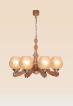 Wooden chandelier with eight frosted glass shades – Checkmark model 203-8, handcrafted by DARKAR