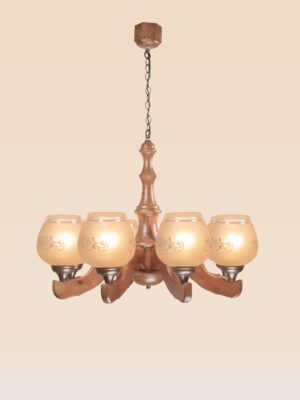 Wooden chandelier with eight frosted glass shades – Checkmark model 203-8, handcrafted by DARKAR
