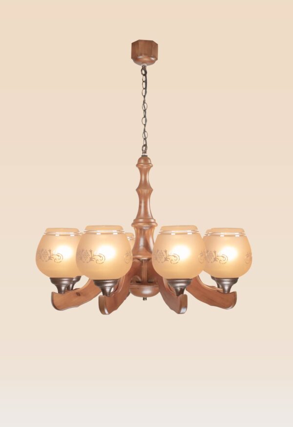Wooden chandelier with eight frosted glass shades – Checkmark model 203-8, handcrafted by DARKAR