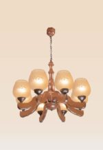 Wooden chandelier with eight frosted glass shades – Checkmark model 203-8, handcrafted by DARKAR-side view