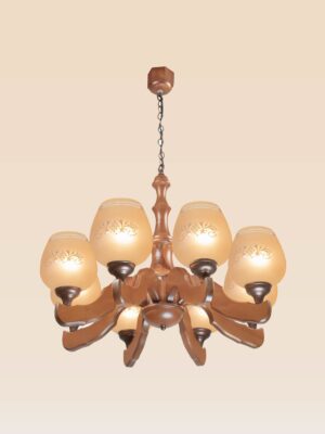 Wooden chandelier with eight frosted glass shades – Checkmark model 203-8, handcrafted by DARKAR-side view