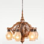 Traditional wooden chandelier with six etched glass shades – Checkmark model 204-6, handcrafted by DARKAR