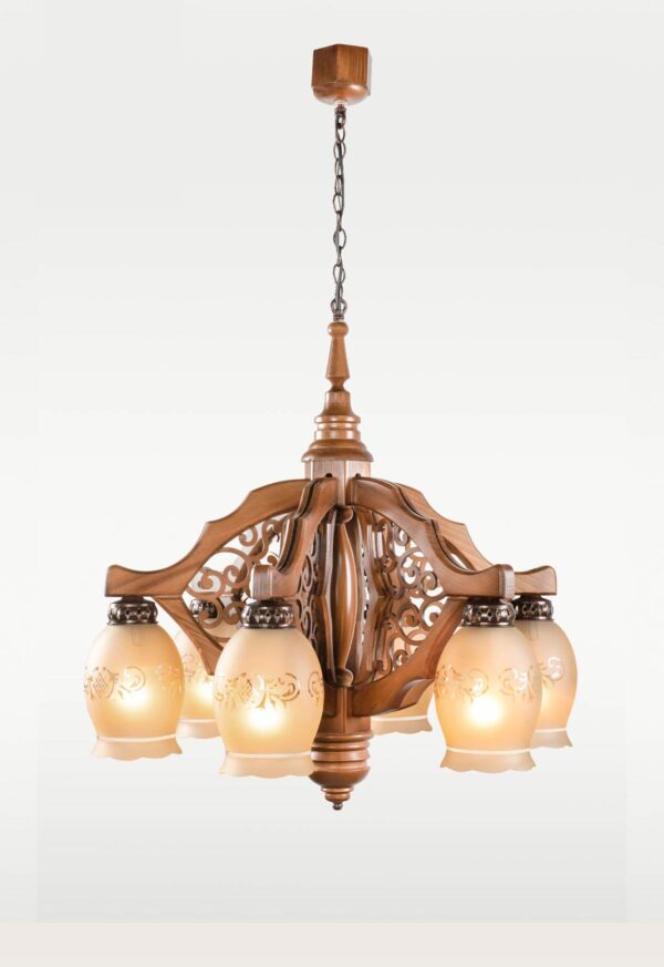 Traditional wooden chandelier with six etched glass shades – Checkmark model 204-6, handcrafted by DARKAR