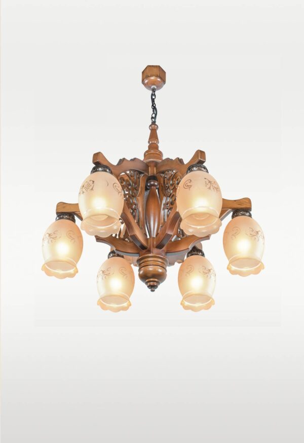 Traditional wooden chandelier with six etched glass shades – Checkmark model 204-6, handcrafted by DARKAR-side view