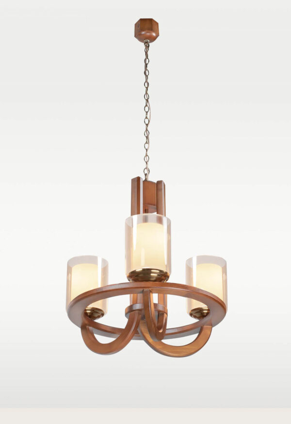Minimalist wooden chandelier with three cylindrical frosted glass shades – Checkmark model 205-3