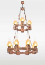 Double-tier traditional 12-light chandelier with lantern-style frosted glass and wooden bronze chainwork – Model 206-12 by Checkmark