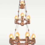 Triple-tier wooden chandelier with 13 lantern-style frosted glass lights and bronze chain accents – Model 206-13 by Checkmark