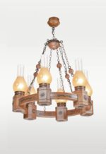 Traditional 6-light wooden chandelier with sun-patterned lantern glass and bronze accents – Model 206-6 by Checkmark