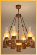 Traditional 8-light chandelier with lantern frosted glass and bronze chain design – Model 206-8 by Checkmark-light-on
